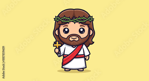 Cute Jesus Christ Character Holding Cross Icon.