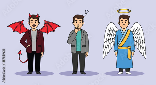 Devil Angel and Confused Man Decision Making Concept.