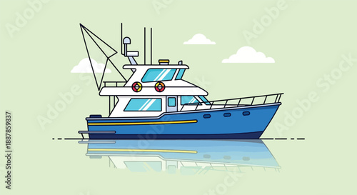 Blue Fishing Boat on Calm Water Illustration 