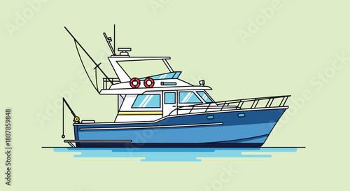 Illustration of a Blue Fishing Boat on Calm Water.