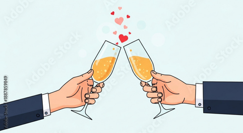 Two hands clinking champagne glasses with hearts rising up