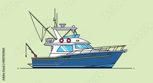 Illustration of a Blue Fishing Boat with Outriggers.
