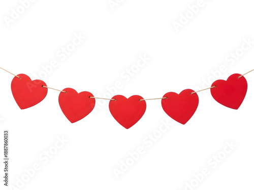 A string of red paper hearts on a black background on transparent background