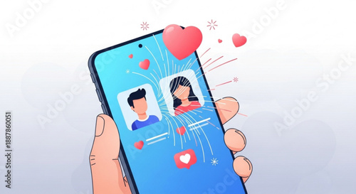 Hand holding smartphone with social media profiles and heart icons on screen