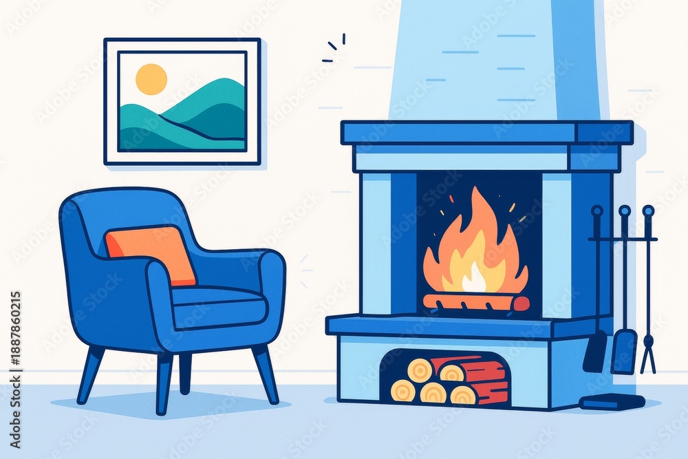 Fototapeta premium Cozy living room interior with fireplace and armchair in warm minimalist style, light blue tones and abstract wall art on white background. Ai generative