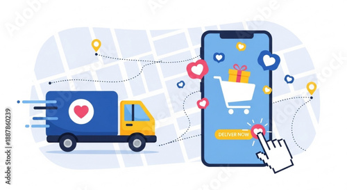 Online shopping delivery concept with truck and mobile phone