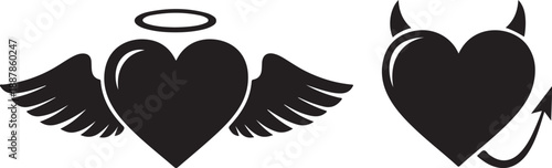 Angel Heart and Devil Heart Icon Set Black and White Vector