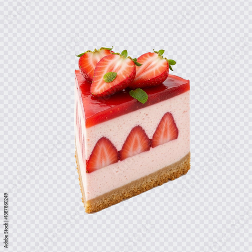 A delicious slice of no-bake strawberry cheesecake or mousse cake with a cookie crust, creamy filling, and a glossy red top, perfect for a sweet treat.