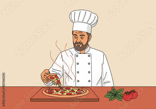 Vector illustration of a chef with a beard in a chef's hat, proudly presenting a freshly baked, delicious pizza with basil and tomatoes on the side