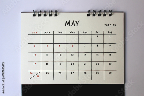 Monthly calendar template for the new year 2026 desk calendar,May,isolated on white background.