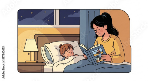 Mother reading bedtime story to child in cozy bedroom at night