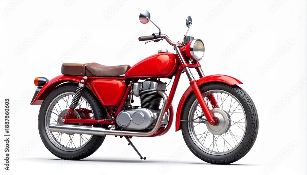 Obraz premium Classic red vintage motorcycle isolated on white background, retro motorbike design with chrome details and timeless transportation style.