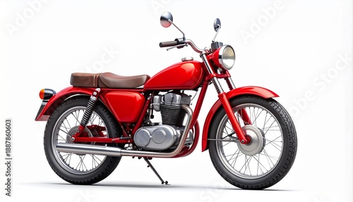 Classic red vintage motorcycle isolated on white background, retro motorbike design with chrome details and timeless transportation style.