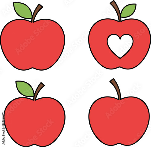 Red apple icon set, cute flat apples with heart shape, cartoon fruit illustration, healthy food concept, isolated white background vector