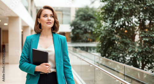 Consultant with notebook walks through an office atrium, business staffing and recruitment imagery for management hiring, career promotion and executive interview in headquarters lobby