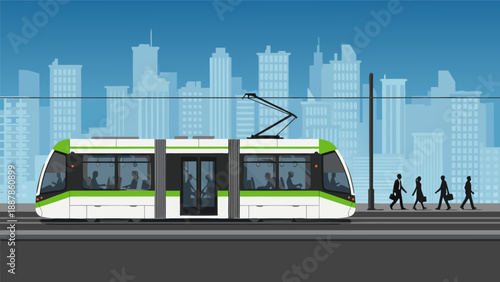 Modern green and white tram car illustration in a city with people walking on sidewalk vector art