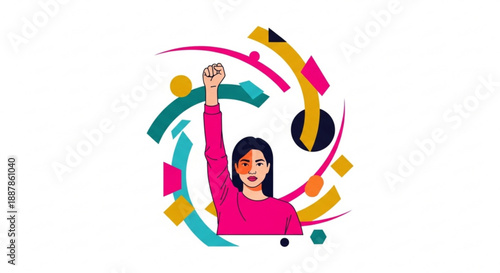 Woman celebrating with raised fist surrounded by colorful abstract shapes and swirling lines