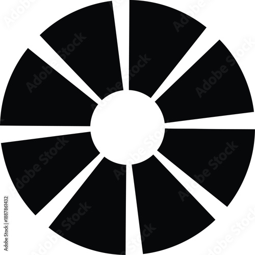 Geometric design featuring a segmented circular shape with black wedges and white gaps