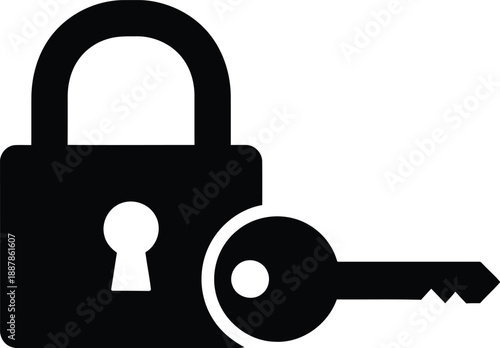A simple black icon of a padlock and key symbolizing security access and protection