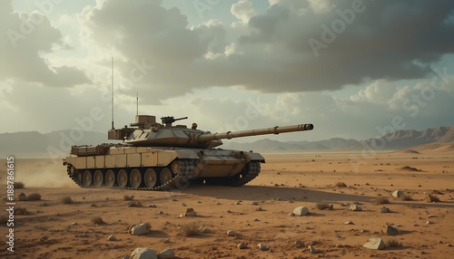 Military tank traversing arid desert landscape under a cloudy sky viewpoint