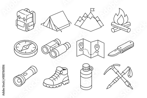 Camping gear outline icons: tent, backpack, compass, campfire, binoculars, map, knife, flashlight, boots.
