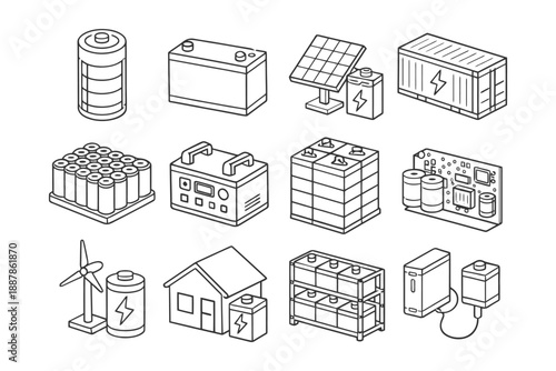 Renewable energy storage solutions: batteries, solar panels, wind turbines, and grids.