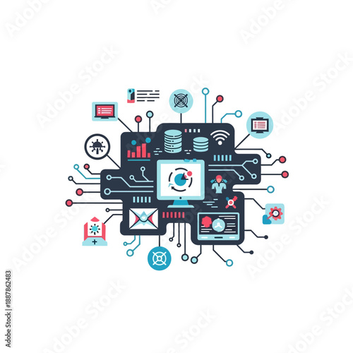 Technology icons on circuit board.