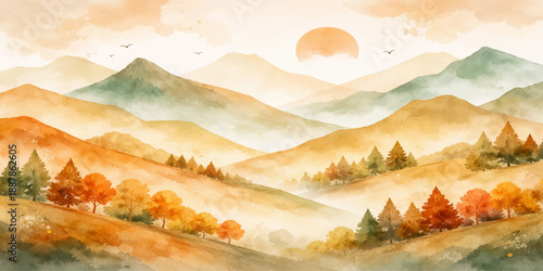 A beautiful autumn landscape in the mountains features a misty forest valley under a sunset sky with golden clouds and sun rays illuminating the distant hills and horizon