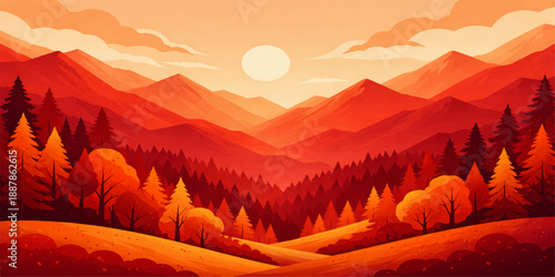 A breathtaking nature landscape view of the sun glowing over the mountain horizon as golden dawn mist and clouds drift through a serene forest valley during a beautiful summer sunrise and sunset