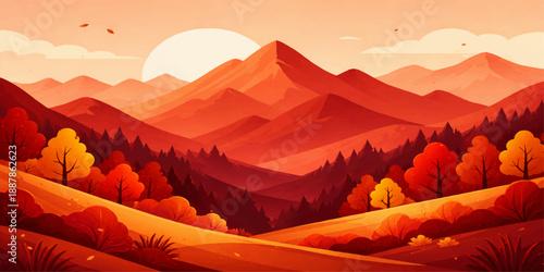 A vibrant nature illustration featuring a silhouette of a snow capped mountain valley under an orange and red sky during a summer sunrise and sunset travel view