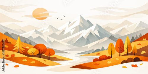 Vector illustration of a winter landscape with mountains and orange autumn pumpkins for a festive Halloween harvest or Thanksgiving holiday design