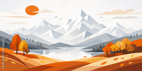 A serene winter landscape illustration featuring snowy mountains and a sunset sky over hills with trees and clouds in a nature travel scene design