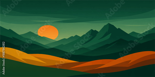 A vibrant nature illustration of a summer sunset over a mountain landscape with green hills, clouds in the sky, and a distant horizon view