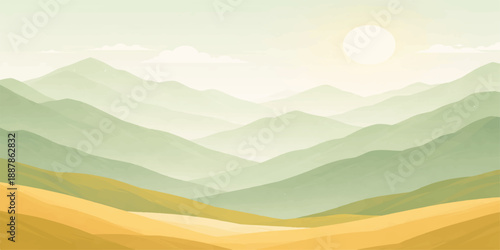 A breathtaking summer sunset illuminates the misty mountain range and lush forest hills as golden light fades over the blue horizon of a serene nature landscape valley

