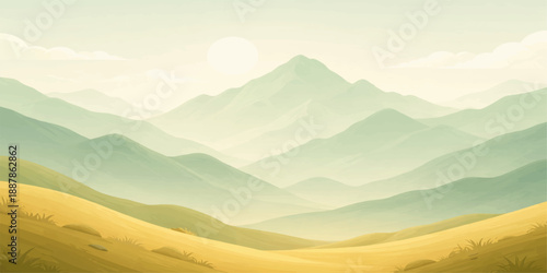 Misty mountain landscape at sunrise featuring a dense forest valley shrouded in fog beneath a glowing orange sky and distant blue hills at dawn