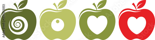 Abstract apple fruit icons set with heart spiral and core shapes, flat vector design for health food branding concepts