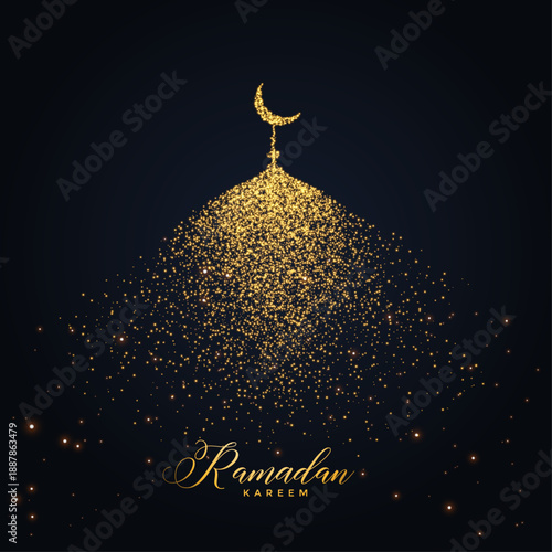Ramadan Kareem greeting background with stylized golden glitter mosque dome and crescent moon on dark black background.