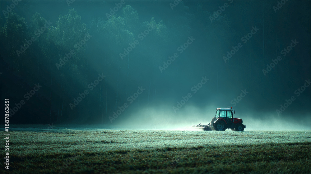 Fototapeta premium Atmospheric wide view of a tractor and roller crimper in a misty rye field at dawn