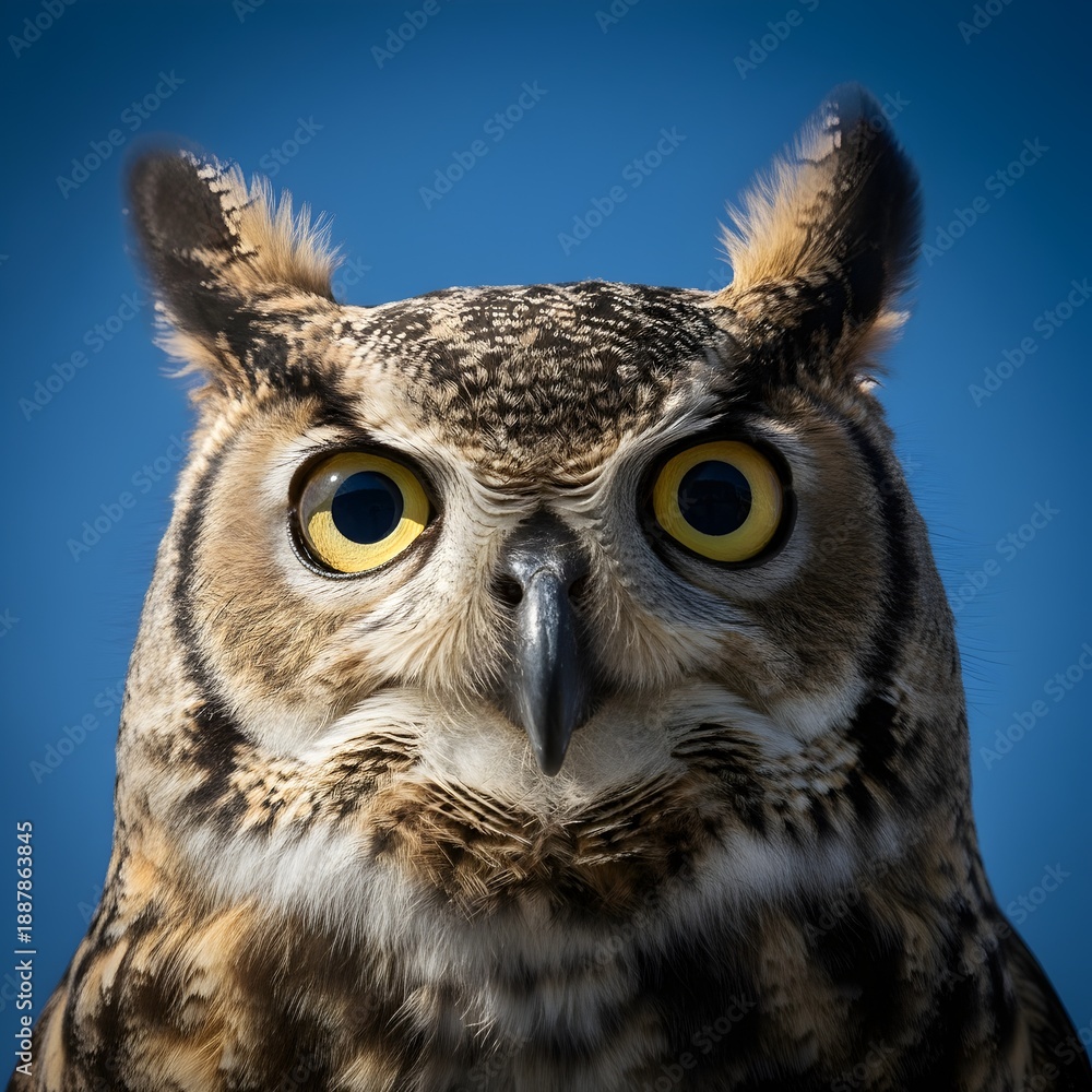 Fototapeta premium Great Horned Owl with Piercing Yellow Eyes Symbolizing Wisdom and Conservation, Wildlife, Nature, Ecology