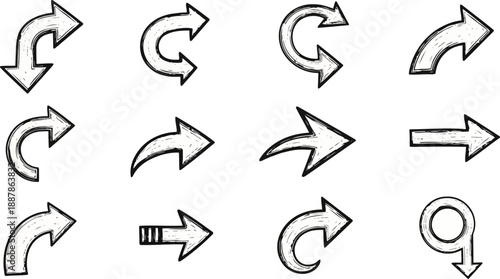 Hand drawn sketchy doodle arrows Grunge black and white navigation symbols set.eps