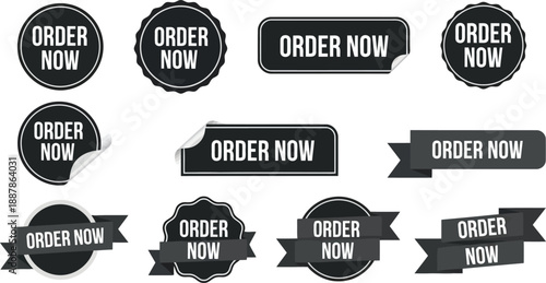 Black and white Order Now vector buttons labels and badges collection.eps
