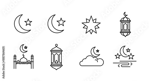 Celebrating Eid and Ramadan with crescent moon, stars, and lanterns in a serene illustration