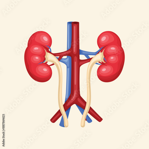 A medical anatomy illustration of healthy human kidneys highlighting renal structure and urinary system function.