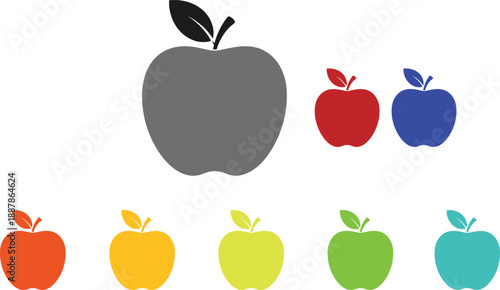 Colorful apple icon illustration set, simple fruit symbols in multiple colors for food, education, app UI, branding design