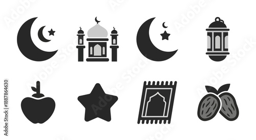 Celebrating Eid and Ramadan with mosque icons, crescent moon, stars, and dates in a graphic illustration