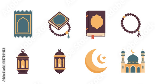 Celebrating Eid during Ramadan with mosque, lantern, prayer beads, and crescent moon icons.