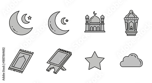 Celebrating Eid and Ramadan with crescent moon, mosque, lantern, star, and cloud icons in a simple illustration