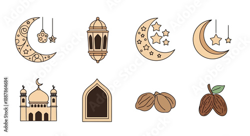 Celebrating Eid and Ramadan with crescent moon, lantern, mosque, archway, and dates illustration set