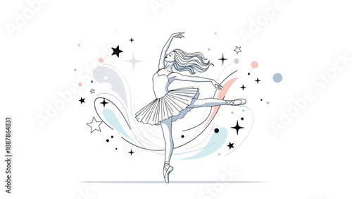 Graceful ballerina performing a classic dance pose surrounded by decorative stars and artistic swirls in an artistic illustration.