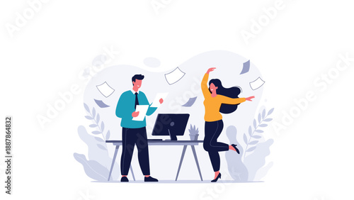 Young couple holding hands and running together in front of a giant pink heart decorated with blue leaves and branches.